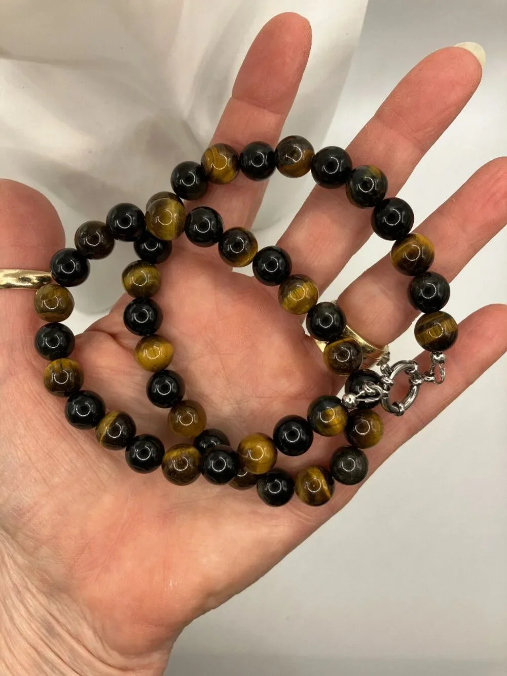 Men's Tiger Eye and Obsidian Genuine Gemstones 18.5-inch Choker Handmade NEW